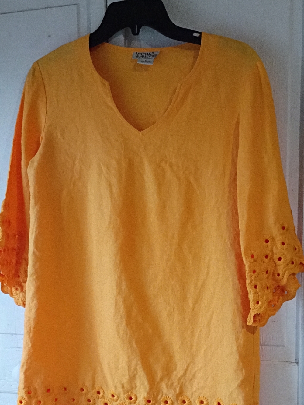 MICHAEL Michael Kors Bright Yellow Eyelet-Sleeve V-Neck Tunic Size S.